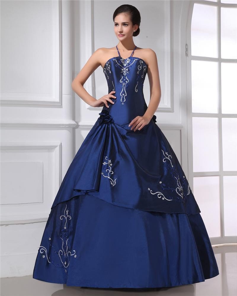 Ball Gown Satin Ruffle Embroidery Beaded Halter Floor Length Quinceanera Prom Dresses