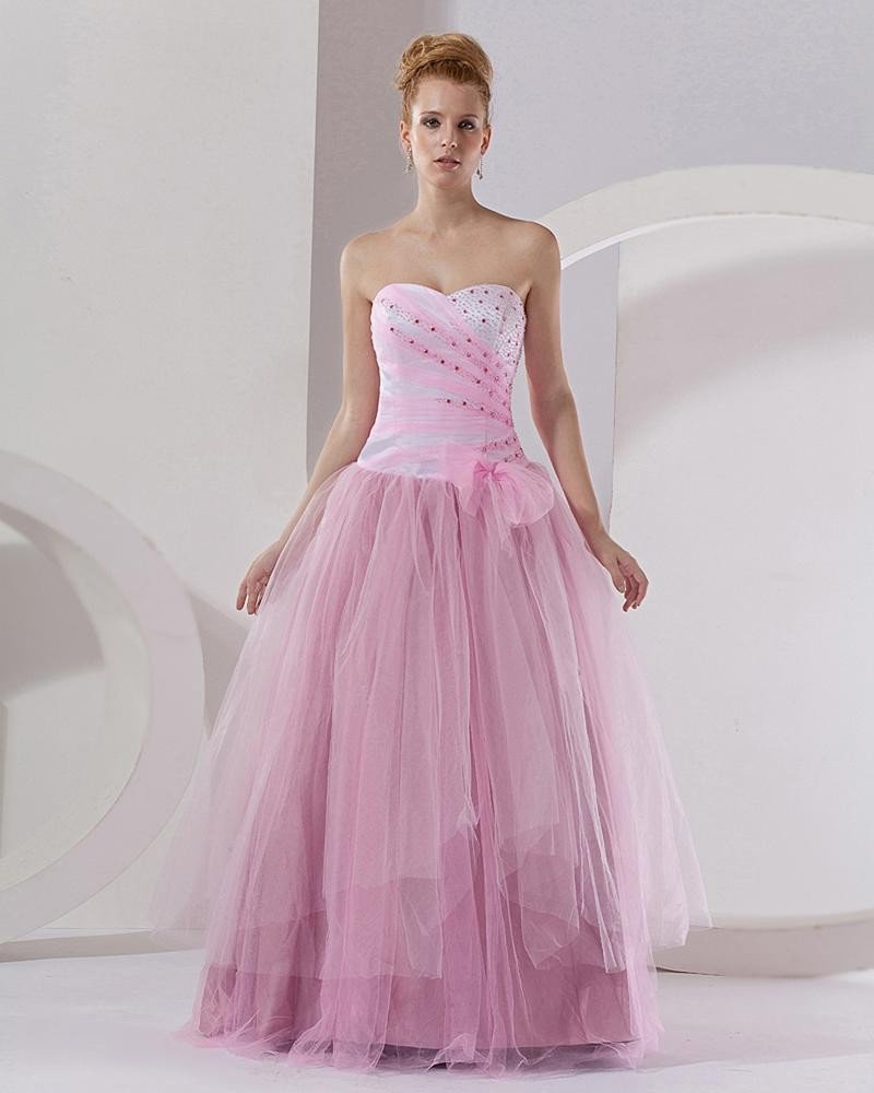 Ball Gown Tulle Satin Embroidery Strapless Floor Length Quinceanera Prom Dresses