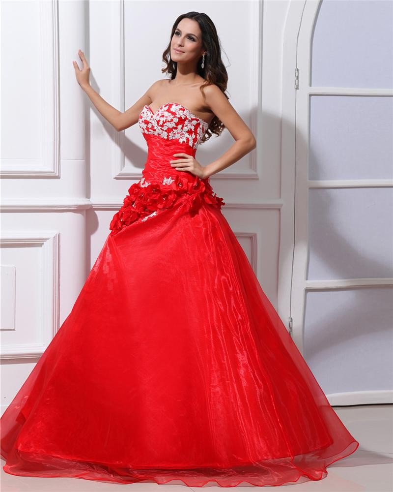 Ball Gown Organza Sweetheart Embroidery Bead Handmade Flower Floor Length Quinceanera Prom Dresses
