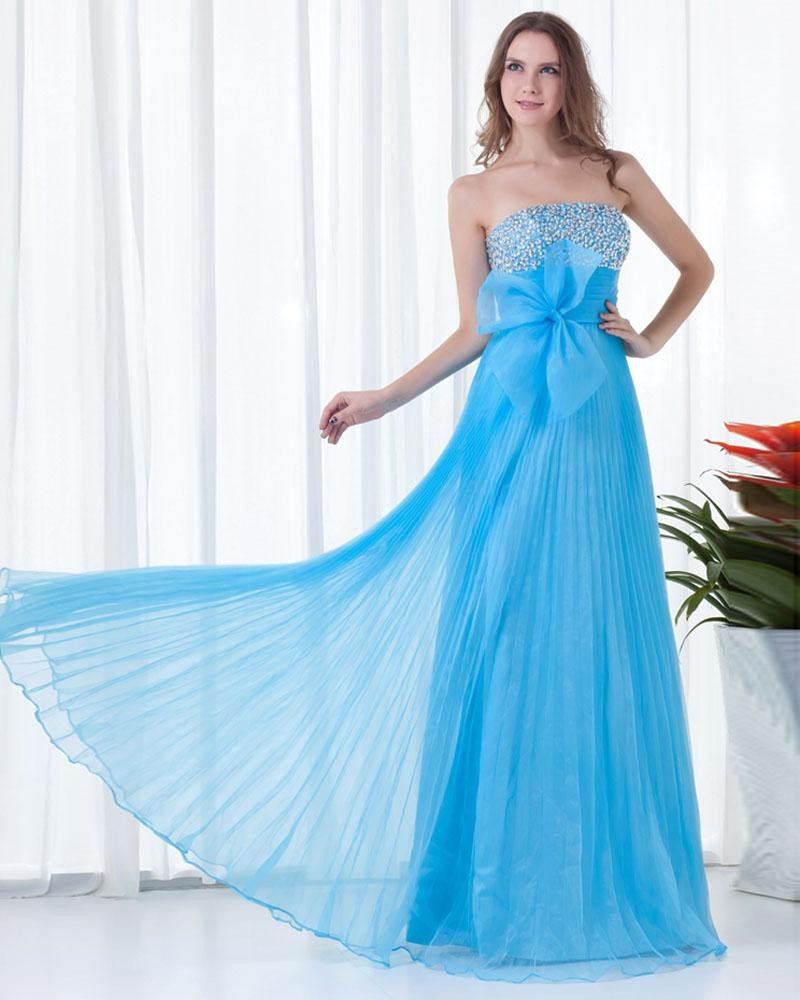 Strapless Flower Beading Floor Length Organza Woman Prom Dress