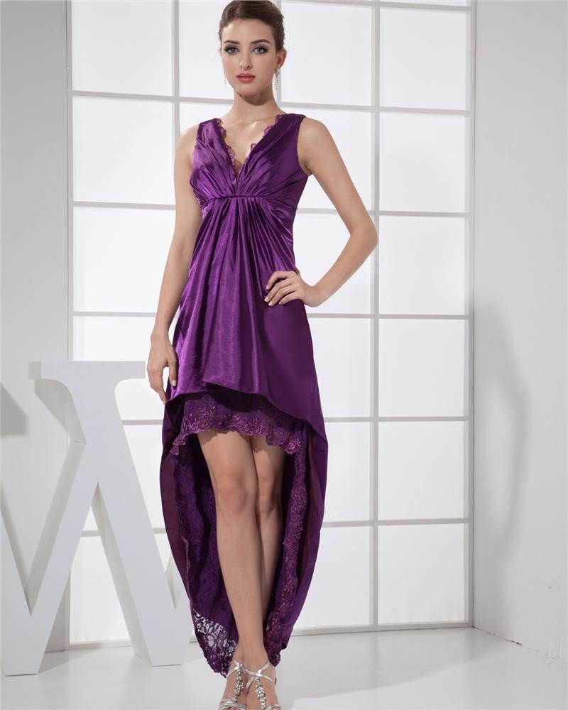 V Neck Sleeveless Zipper Dip Hem Ankle Length Lace Charmeuse Woman Prom Dress