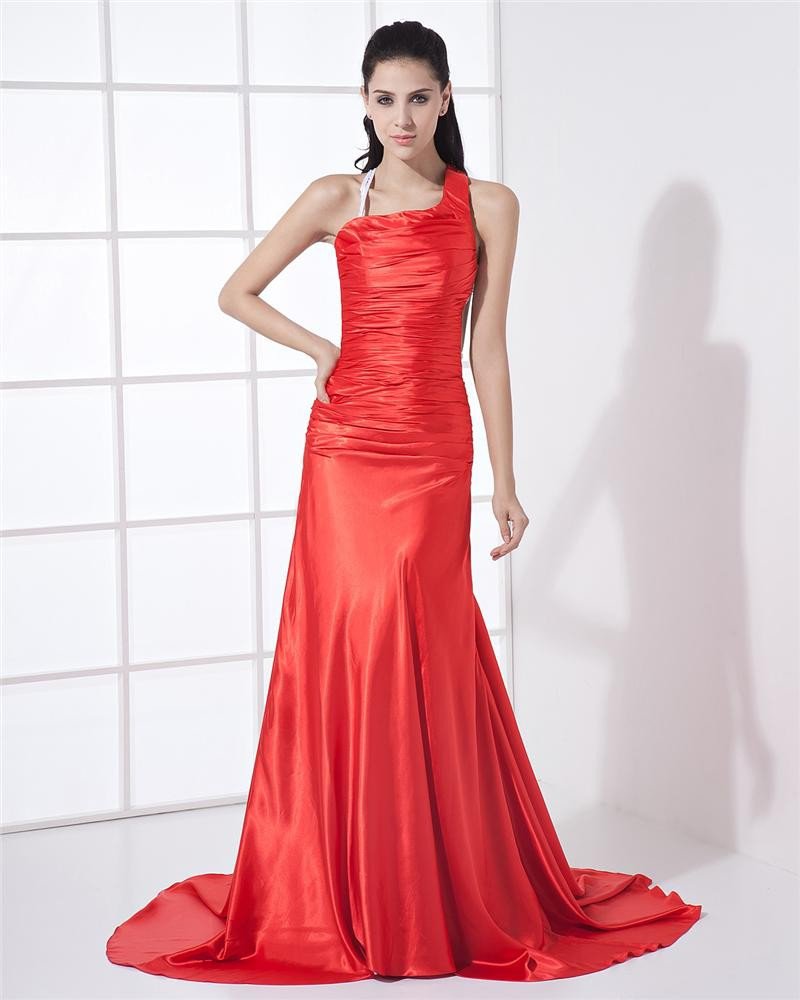 One Shoulder Sleeveless Backless Pleated Floor Length Charmeuse Woman Prom Dress