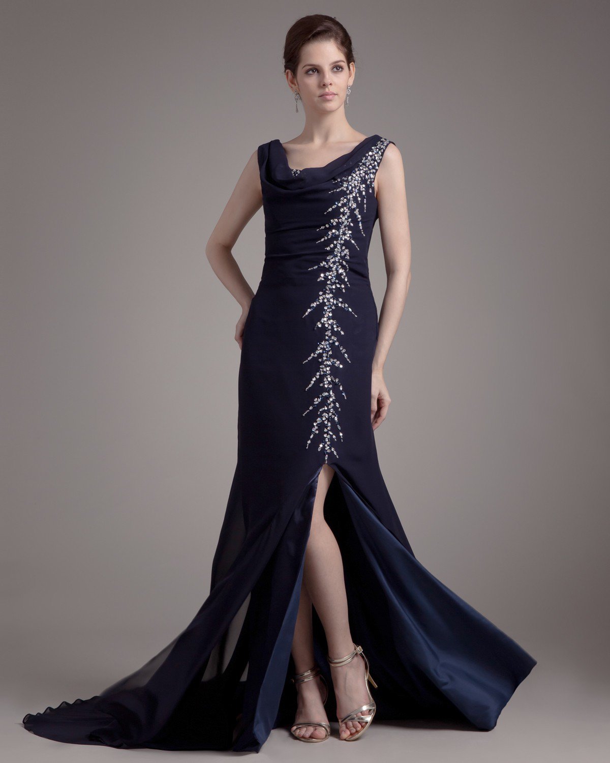 Round Neck Ruffle Beading Floor Length Chiffon Woman Prom Dress