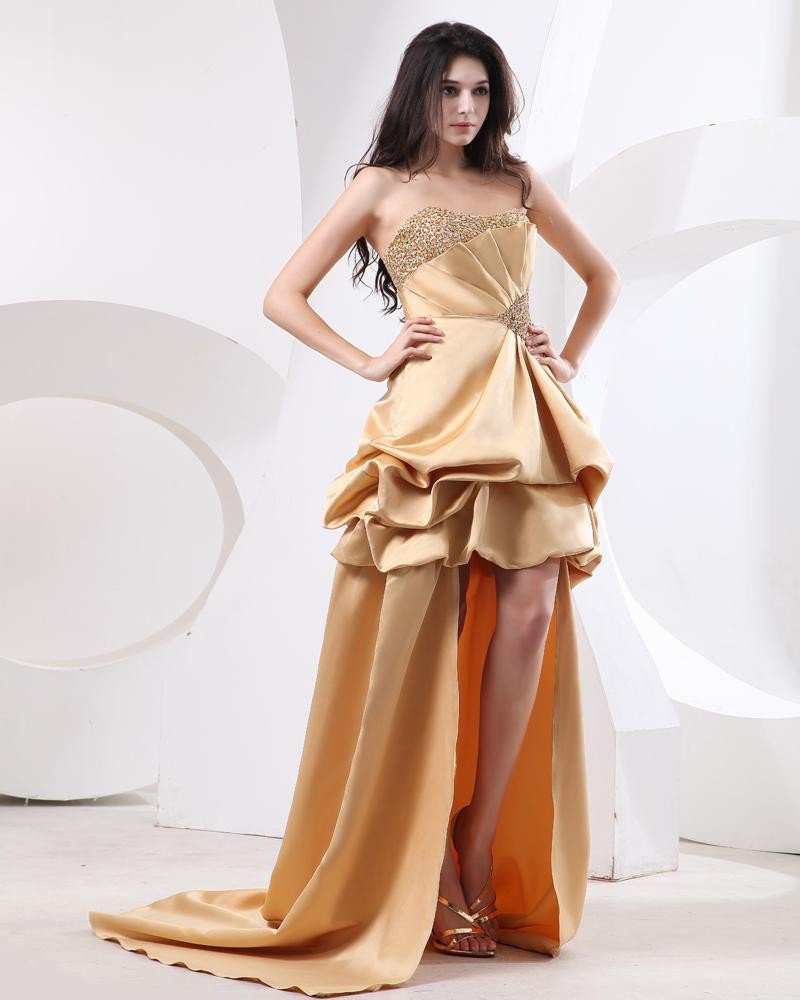 Beautiful Ball Gown Satin Beading Ruffle Strapless Floor Length Women's Prom Dresses