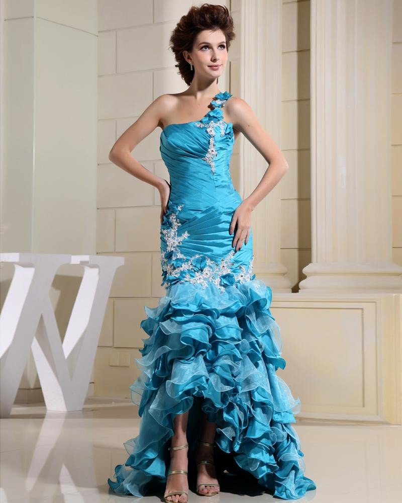 Taffeta Lace Beading Slopping Ruffle Sleeveless Backless Zipper Floor Length Asymmetrical Tiered Pro