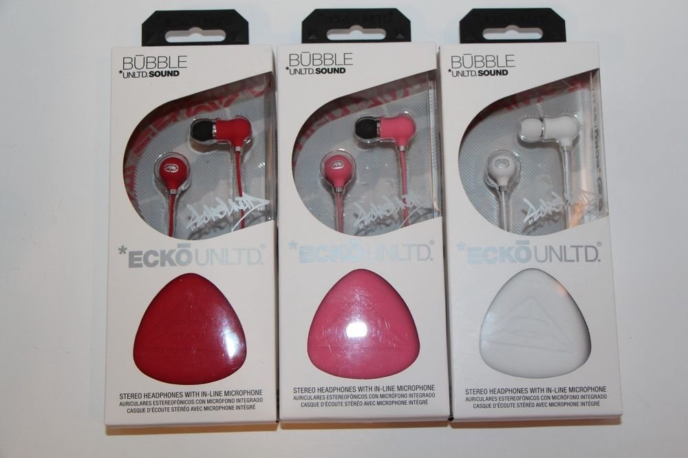 Mizco Ecko Unltd BUBBLE Unltd Sound Stereo Earbuds w/mic White/Pink/Red NEW