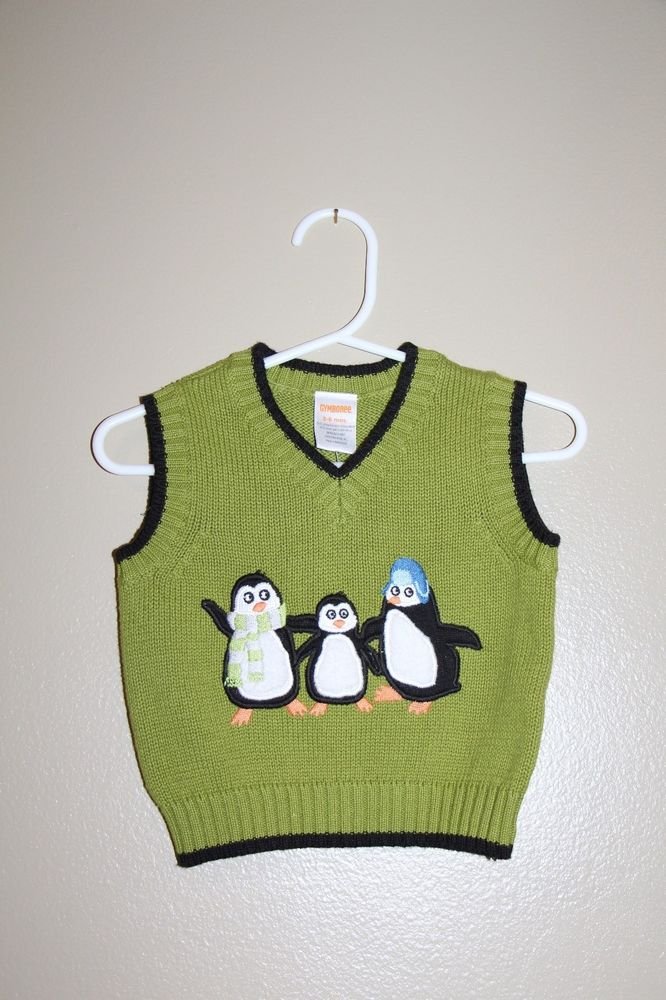 GENUINE Gymboree Knit Embroidered Penguin Sweater Vest Green 3-6 mos baby NWT