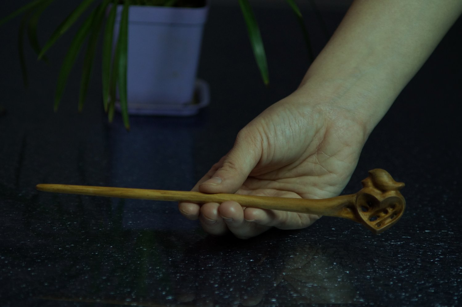 Custom - Make to order , wood carving hair stick ,The love heart and birds
