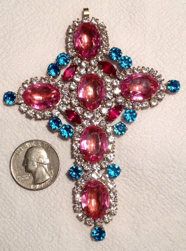4.3" Extra Large Glass Rhinestone Cross Pendant Vintage Religious Christian Jewelry Pink Blue Red