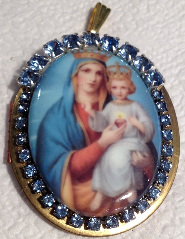 Vintage Religious Rhinestone Prayer Petition Locket Porcelain Cameo Virgin Mary Jesus Christ