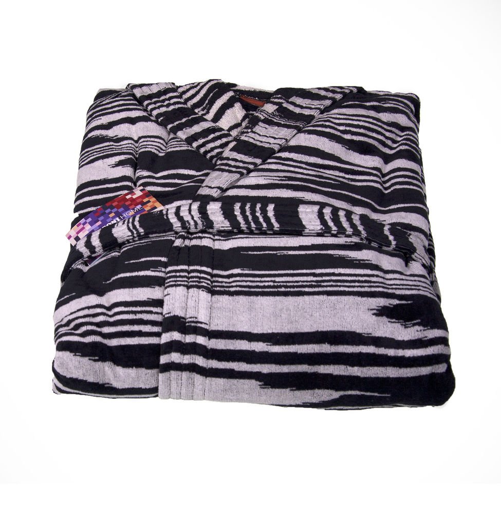 Missoni Home Bath robe with hood flamed design in white and black IZZY