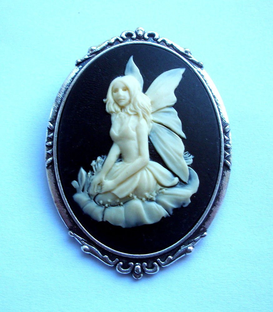 Kneeling Fairy Cameo in Silver Tone Antiqued Setting 50mm