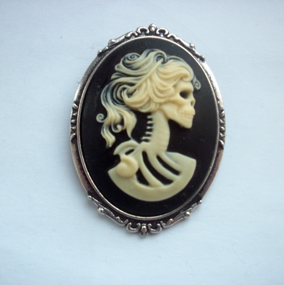 Lolita Skeleton Girl Gothic Cameo in Antiqued Silver Tone Brooch 48mm