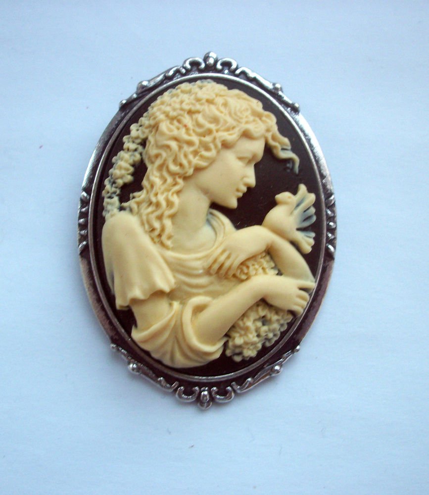 Grecian Lady with a Dove Cameo Antiqued Silver Tone Brooch 48mm