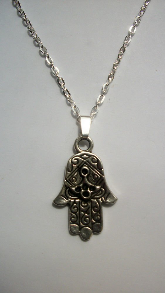 Hamsa Hand, Hand of Fatima Silver Tone Pendant Necklace