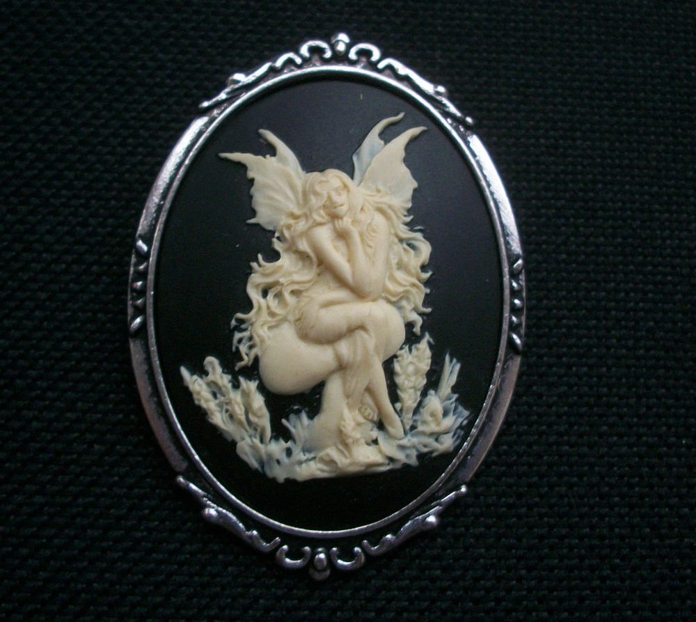 Fairy Seated on a Toadstool Resin Cameo in Antiqued Silver Tone Setting 50mm