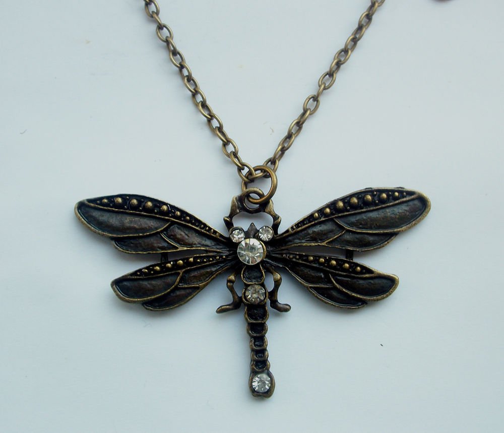 Large Dragonfly Antiqued Bronze Tone with Rhinestones Pendant Necklace