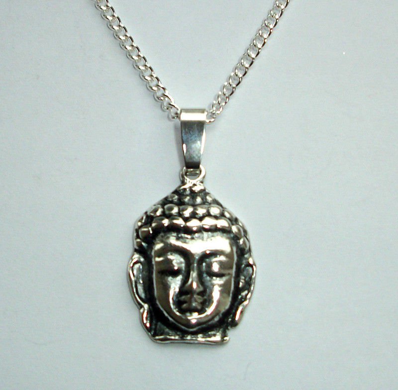 Buddha Head Pendant Necklace Silver Tone