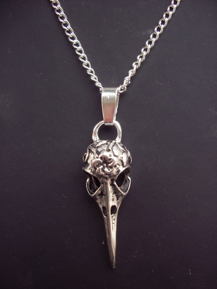 Bird Skull Pendant Silver Tone Gothic Necklace