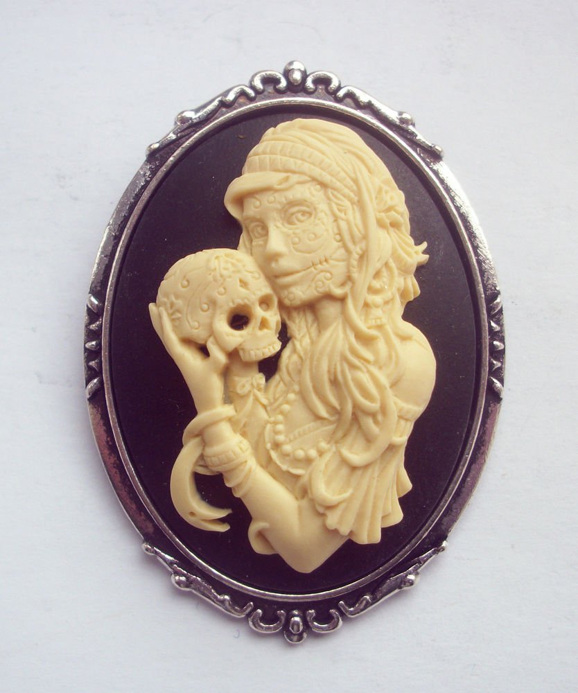 Gothic Zombie Girl with Skull Cameo Brooch 48mm