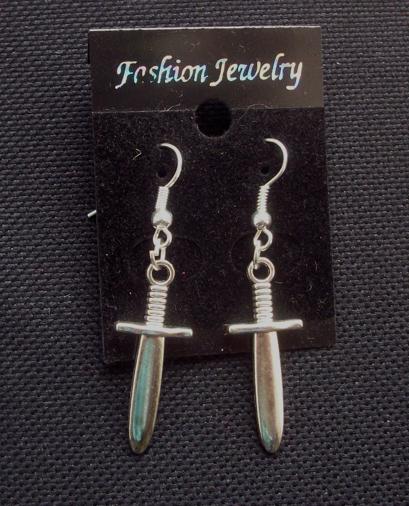 Sword Dagger Charm Earrings Silver Tone Metal