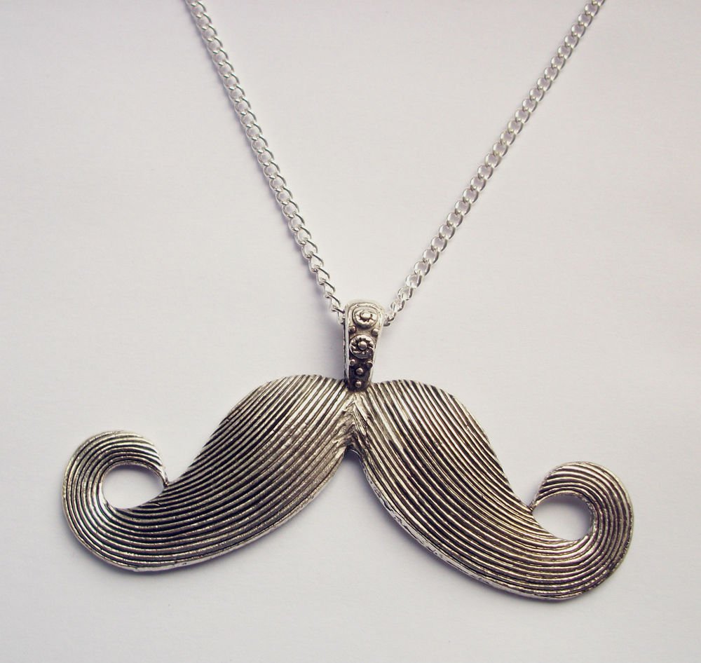 Moustache Kitsch Silver Tone Metal Pendant Necklace