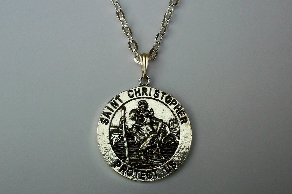 St Christopher Medallion Silver Tone Pendant Necklace