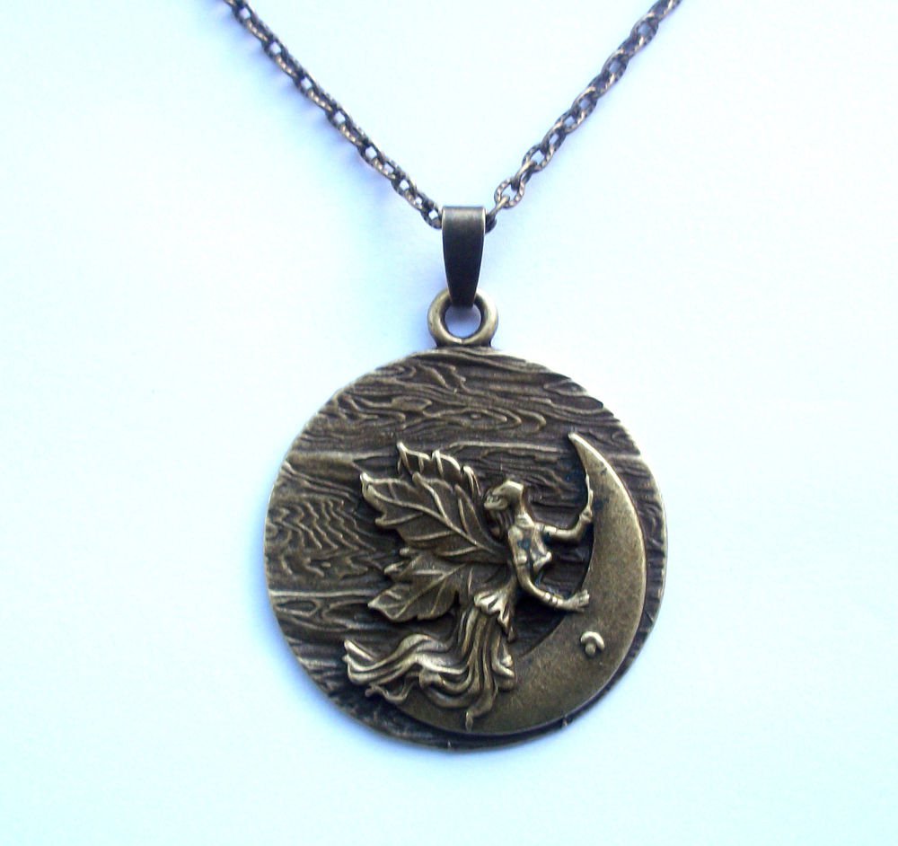 Moon Goddess Fairy Antiqued Bronze Tone Pendant Necklace