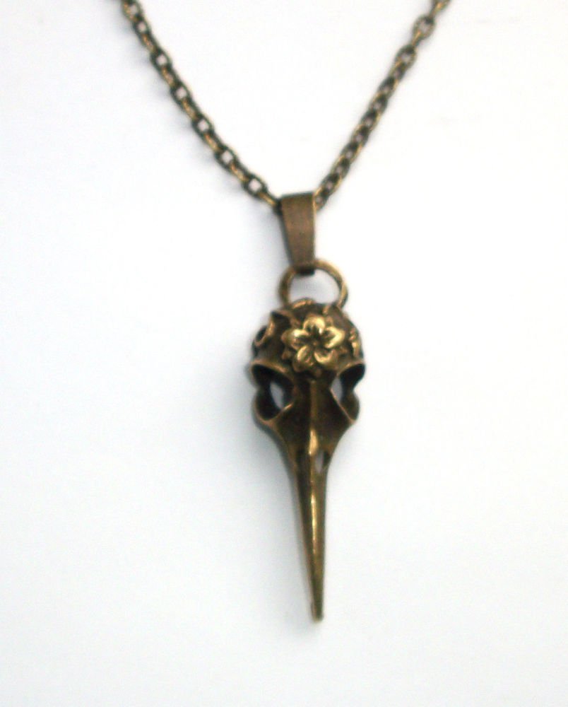 Birds Skull Pendant Antiqued Bronze Tone Gothic Necklace