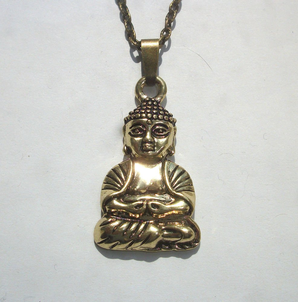 Buddha Antiqued Gold Tone Pendant on Bronze Tone Chain