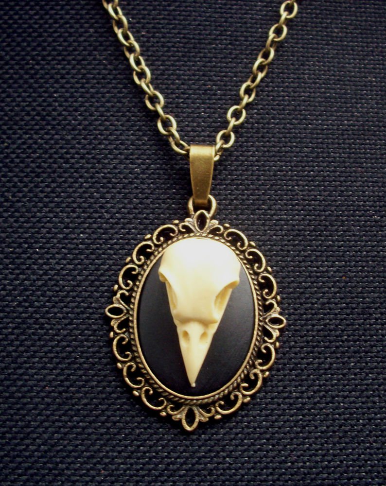 Bird Skull Cameo Pendant Necklace Gothic Antiqued Bronze Tone