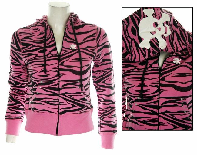 Pink Zebra Print w/ White Skull Hoodie - Medium