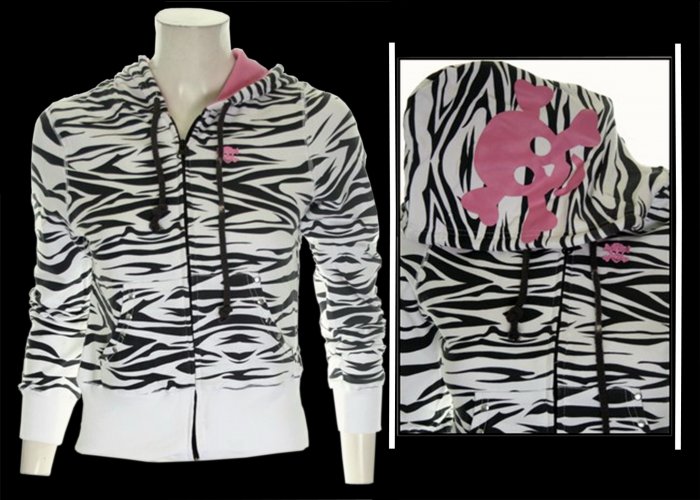 White Zebra Print w/ Pink Skull Hoodie - Medium