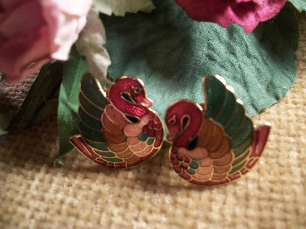 Cloisonne Enamel Clip On Earrings Vintage 1980's Fashion Jewelry