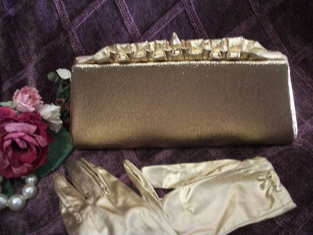 Sparkly Gold Evening Bag and Gold Lame Gloves Set Vintage 1960's Accessories