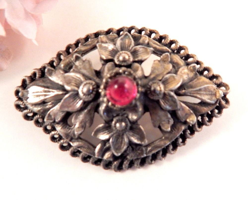 Floral Brooch Vintage Fashion Jewelry 1980s Pin Ornate Oval SIlver Metal