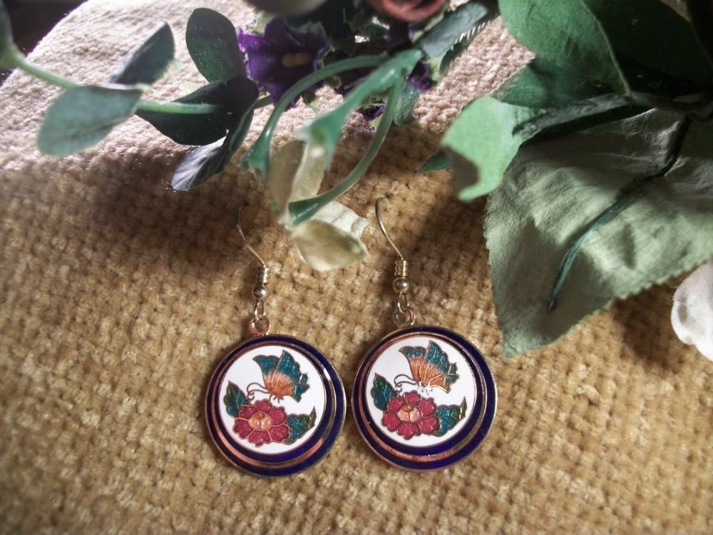 Flowers and Butterfly Cloisonne Dangle Earrings,Vintage 1980's Enamel Jewelry