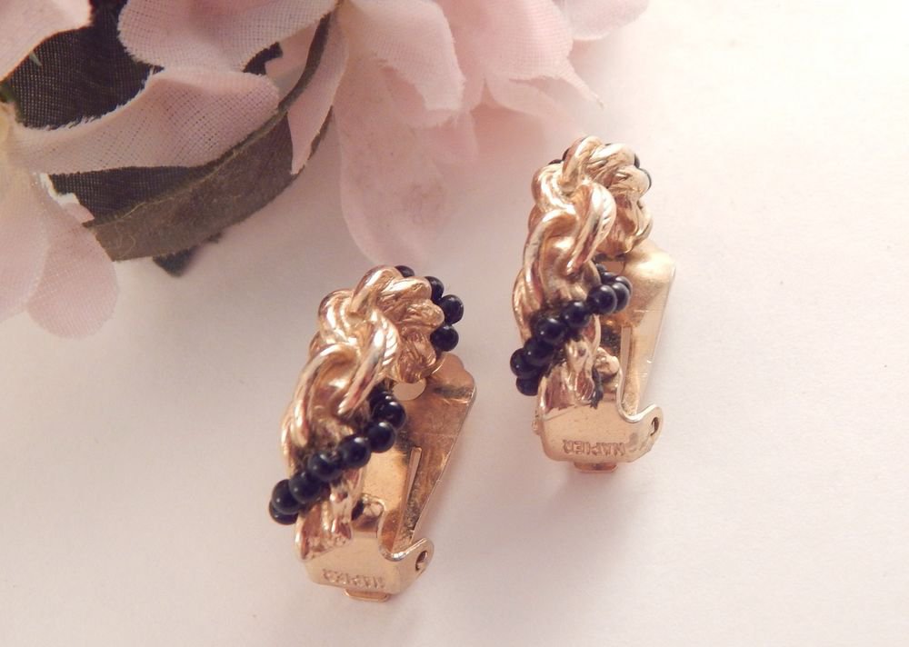 Half Hoop Clip On Earrings Elegant Gold and Black Napier Signed Vintage Jewerly