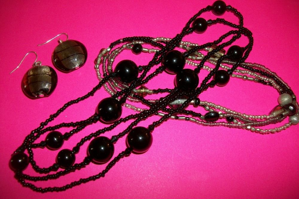 Necklace and Earrings Set Black Silver Metallic Handcrafted Beaded Jewelry