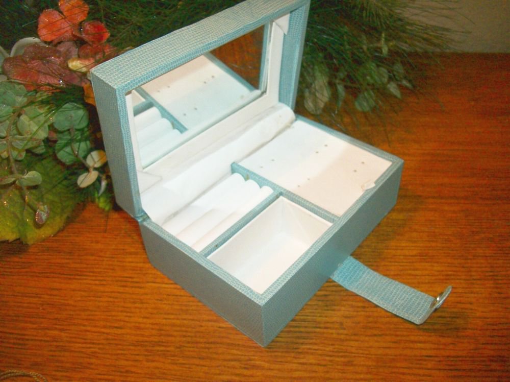 Jewelry Box VTG Blue Leatherette Women's Ring Earrings Compartment Storage Case