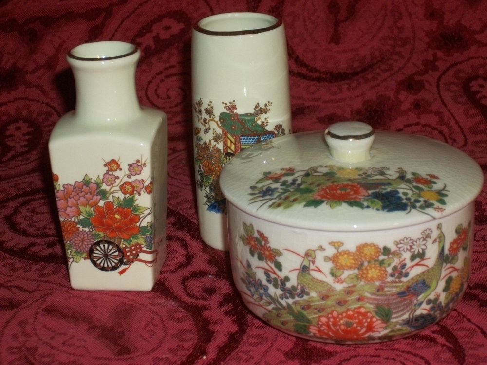 Vases Covered Dish Jewelry Trinket Box VTG 1970s Japanese Home Decor Dresser Set