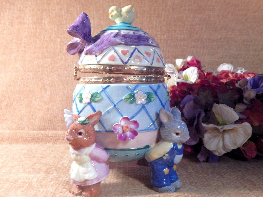 Ceramic Egg Jewelry Trinket Box Bunny Rabbits Chick and Flowers Home Decor