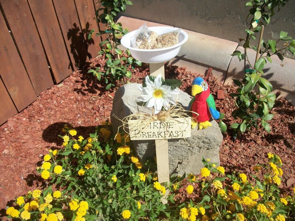 Birdie Breakfast Sign Bird Feeder New Handmade White Dish and Flower Yard Art