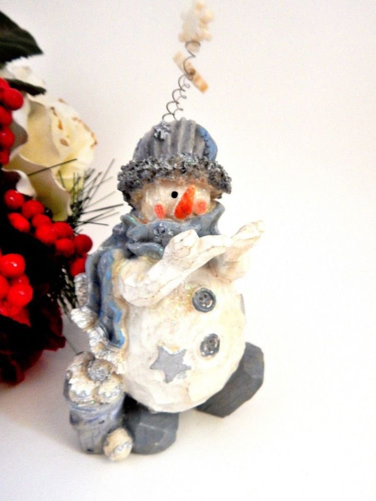 Snowman Figurine Rustic Wood Style Resin Silver Blue and White Christmas Decor