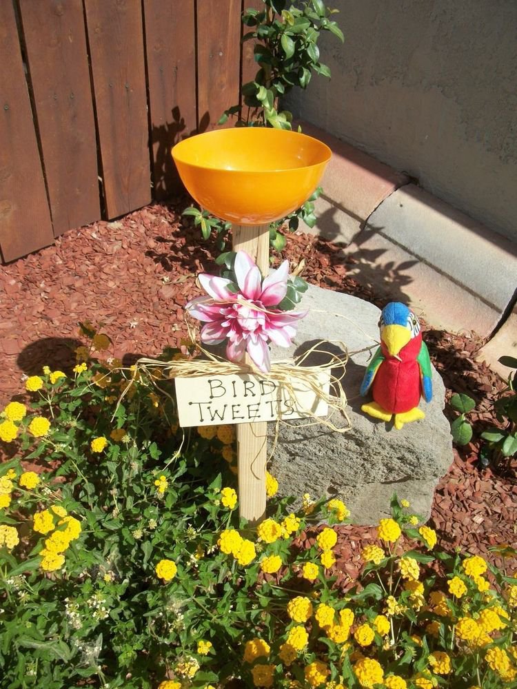 Bird Tweets Sign Bird Feeder New Handmade Orange Dish Pink White Flower Yard Art