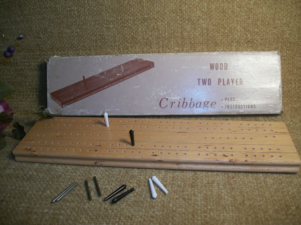 Cribbage Game Vintage 1950's Wood Two Player Board Pegs Instructions Box