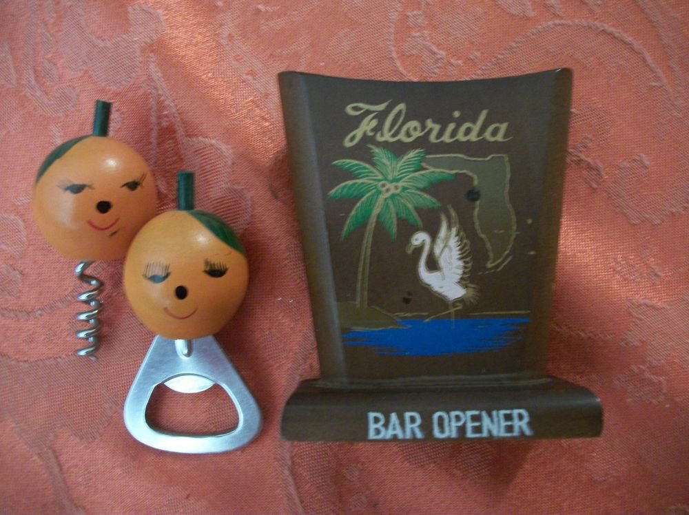 Cork Screw Bottle Opener VTG Home Bar Tools 1960's Florida Travel Souvenir