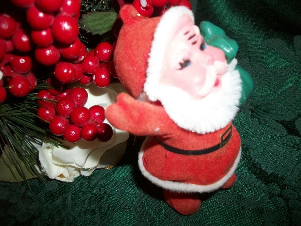 Retro Santa Claus Christmas Tree Ornament Red and White 1950's Flocked Plastic