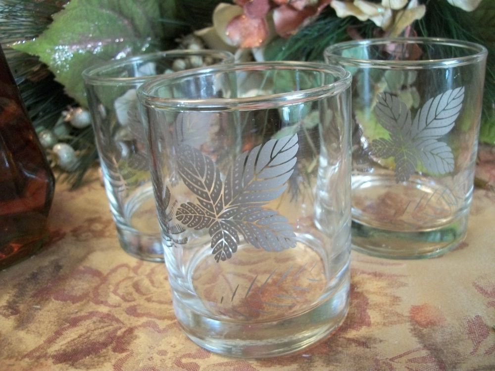 Beverage Glasses Three VTG Libbey Silver Leaf Leaves Mod 1960's Home Barware