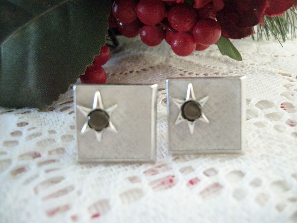 Cuff Links Brushed Silver Metal Star Grey Stone Men's Formal Wear VTG Jewelry